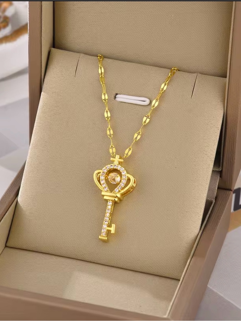 Gold Key Pendant Necklace with Crystal Accents - Women Jewelry